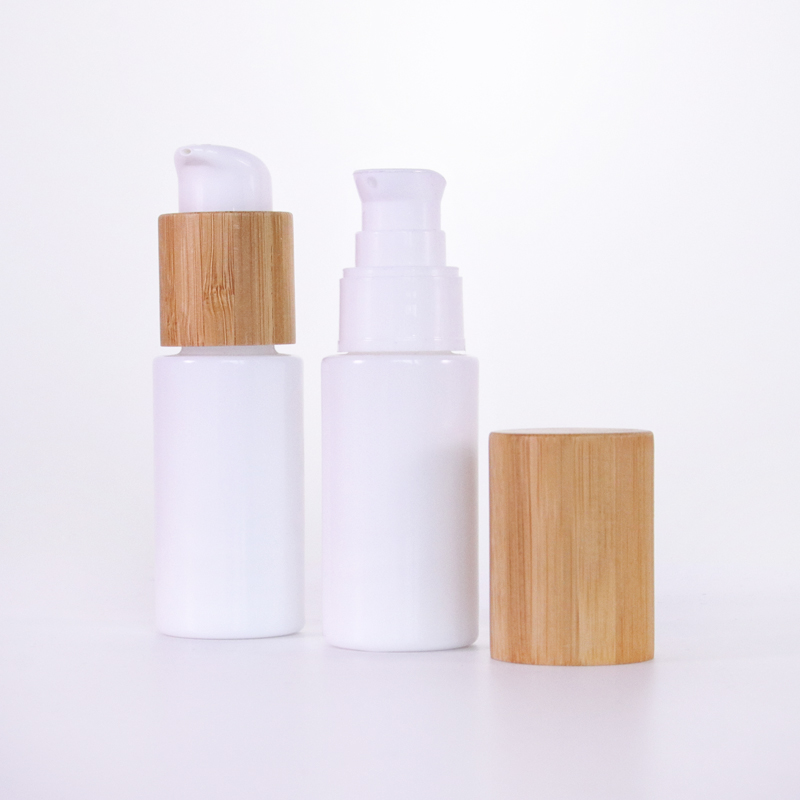 Opal White Lotion Pump Glass Bottle with Bamboo Lid