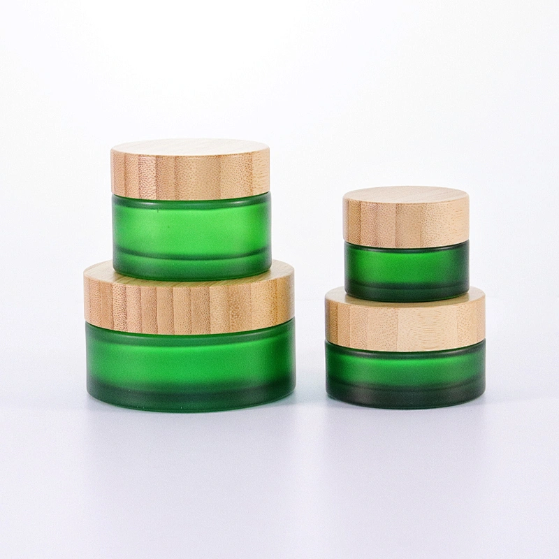 Cosmetic container green frosted glass jar with bamboo wooden lids for face cream jar