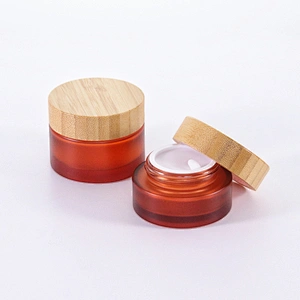 Cosmetic packaging cream container 5ml 15ml 30ml 50ml 100ml frost clear amber glass jar with real bamboo lid