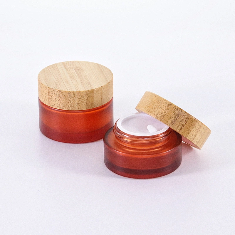Cosmetic packaging cream container 5ml 15ml 30ml 50ml 100ml frost clear amber glass jar with real bamboo lid