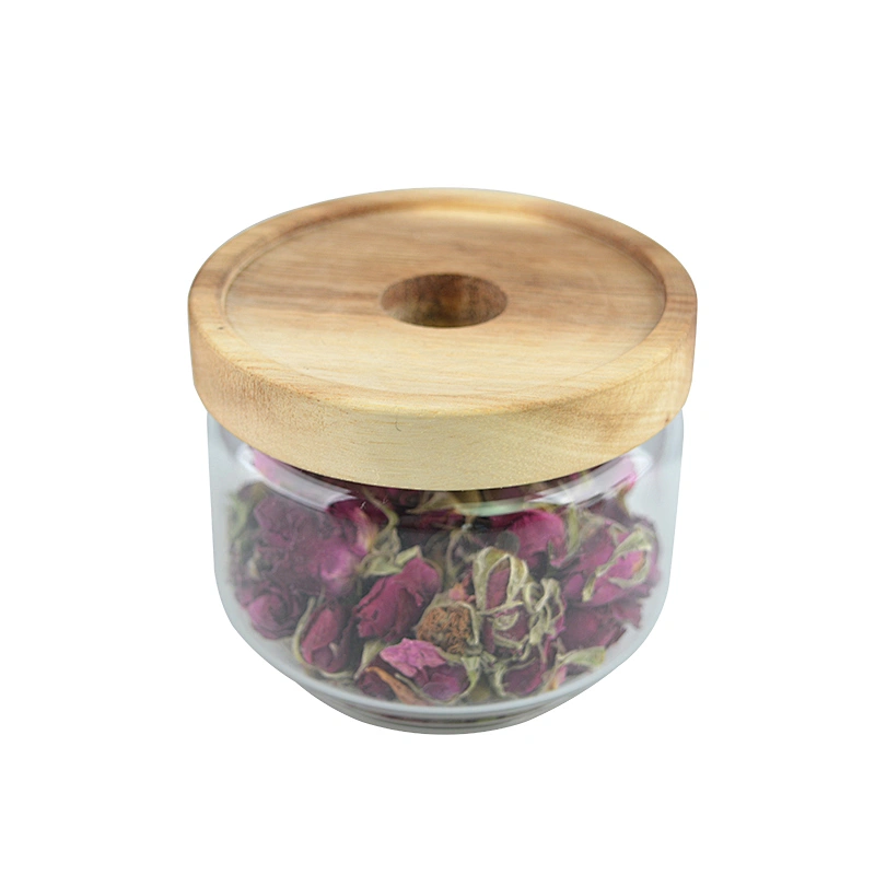 Round clear glass food jar containers with bamboo lid