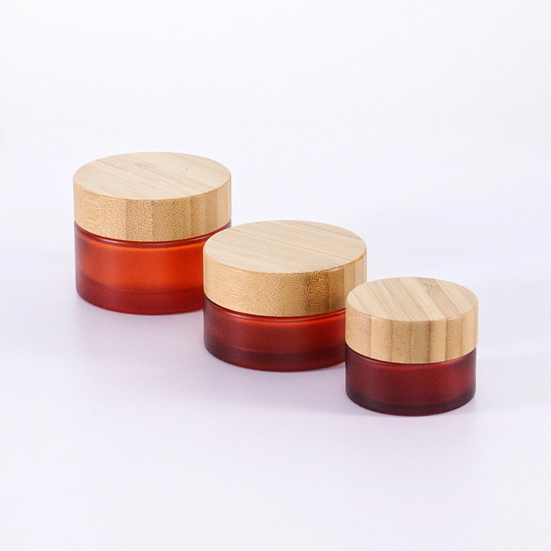Cosmetic packaging cream container 5ml 15ml 30ml 50ml 100ml frost clear amber glass jar with real bamboo lid