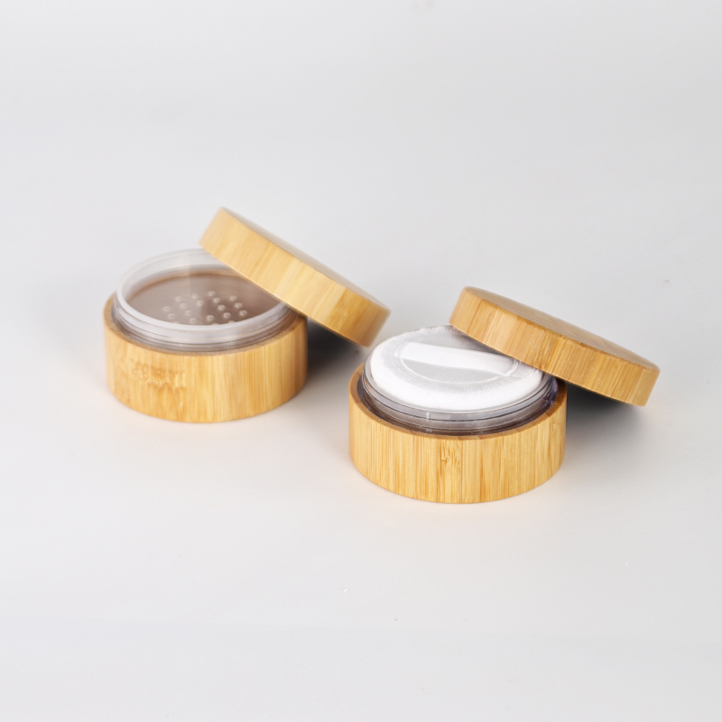 Bamboo cosmetic packaging loose powder jar container with sifter custom logo