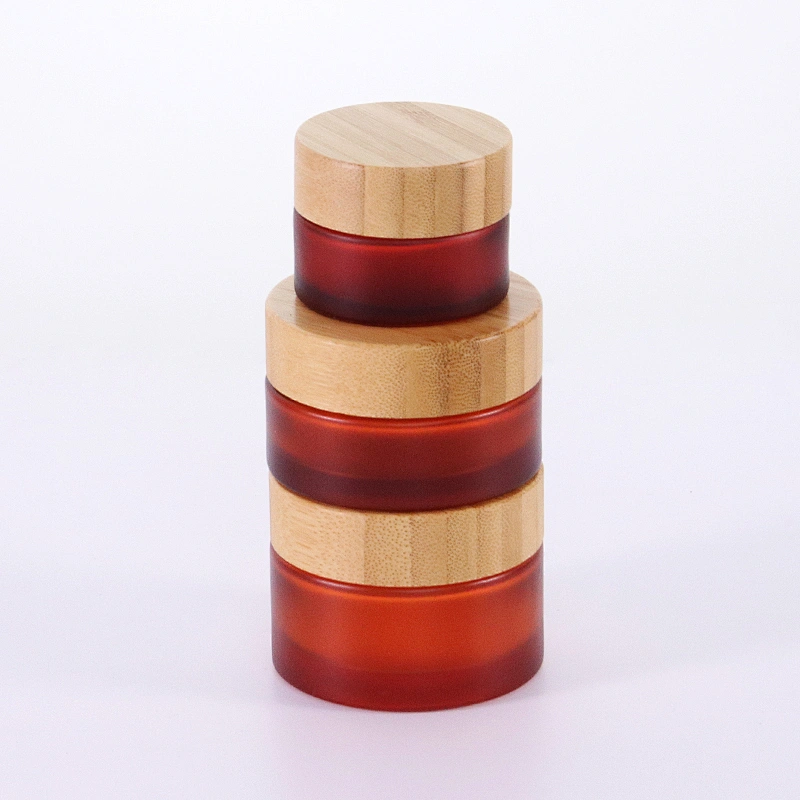 Cosmetic packaging cream container 5ml 15ml 30ml 50ml 100ml frost clear amber glass jar with real bamboo lid