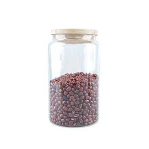 Round clear glass airtight storage jar with bamboo lid