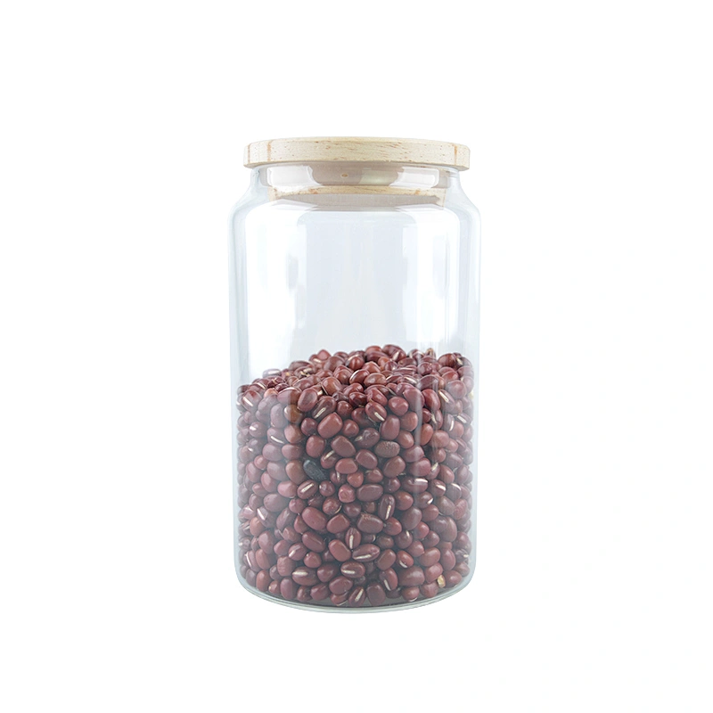 Round clear glass airtight storage jar with bamboo lid