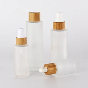 30ml 50ml 100ml 120ml clear frosted glass dropper bottle and cosmetic lotion pump sprayer bottle with bamboo lid