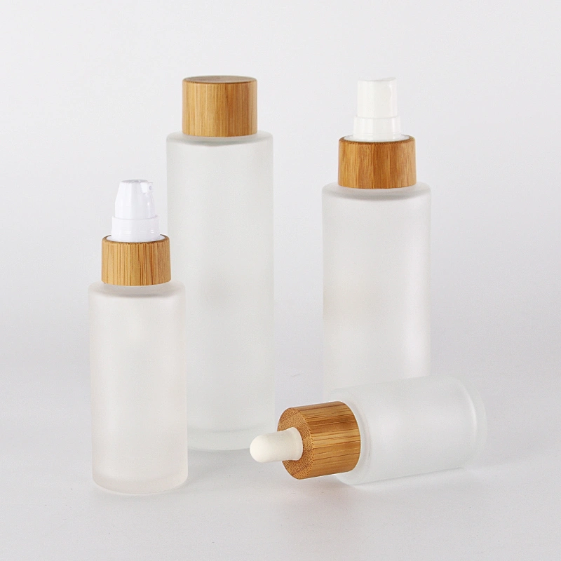 30ml 50ml 100ml 120ml clear frosted glass dropper bottle and cosmetic lotion pump sprayer bottle with bamboo lid