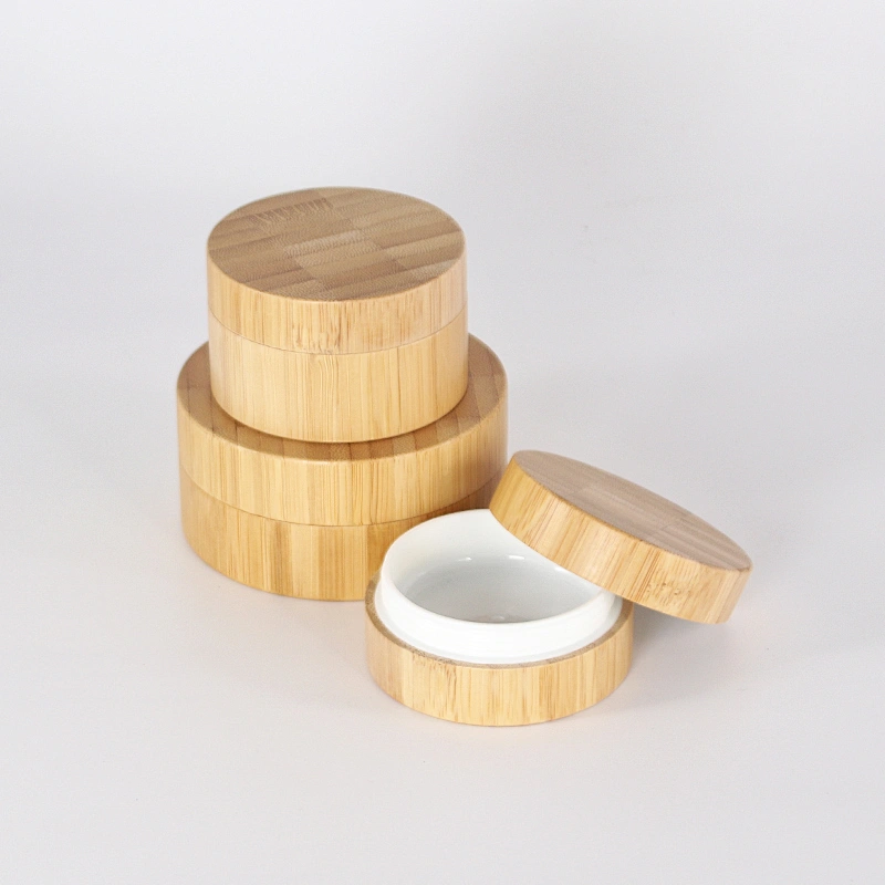 Natural 5g 10g 15g custom full bamboo wooden cream plastic/glass jar with screw lid for cosmetic bamboo cover