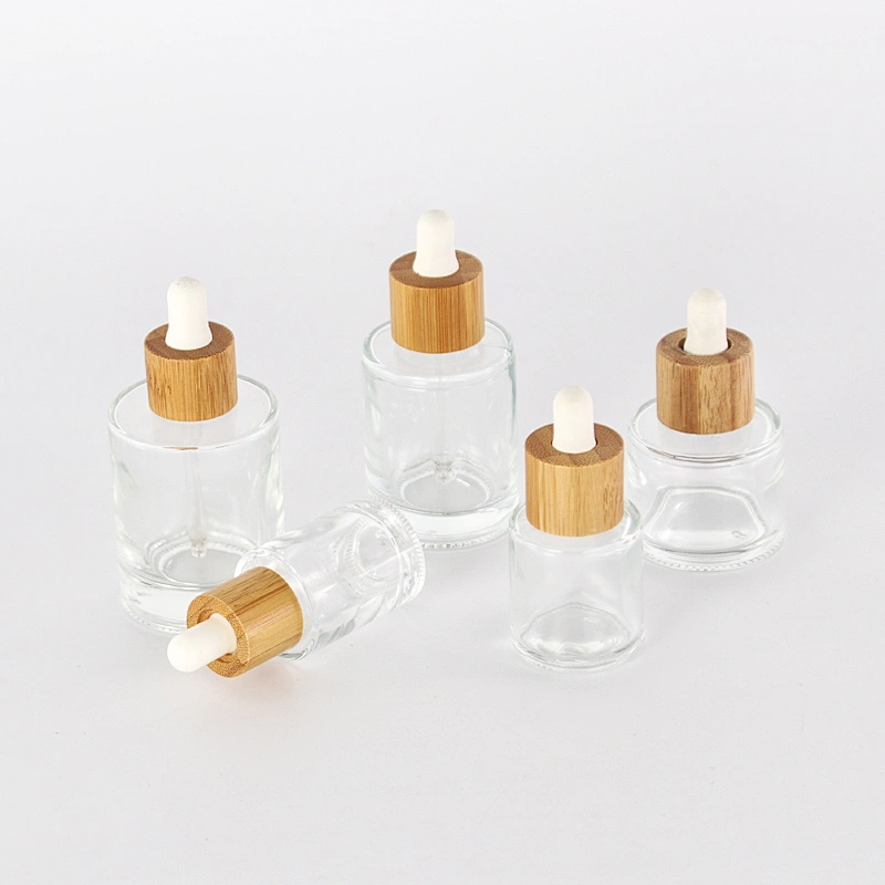 Wholesale 15ml 20ml 30ml 50ml Empty Clear Cosmetic Glass Essential Oil Dropper Bottles with Bamboo lids