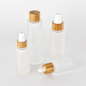 30ml 50ml 100ml 120ml clear frosted glass dropper bottle and cosmetic lotion pump sprayer bottle with bamboo lid