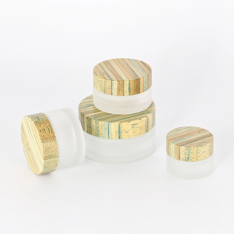 luxury 15g 30g 50g 100g frosted glass cosmetic cream jars with real wooden bamboo lid for glass jar