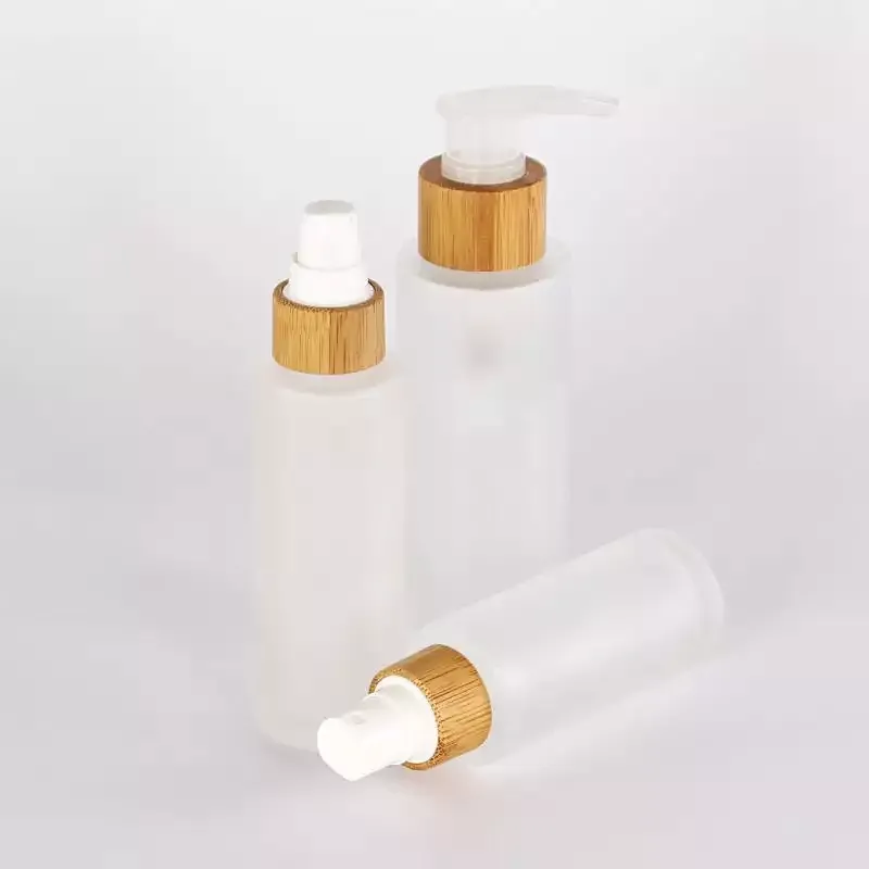 In stock 30ml 50ml 100ml 150ml Round Glass Lotion Bottle with bamboo pump dropper spray Wooden Bamboo cap