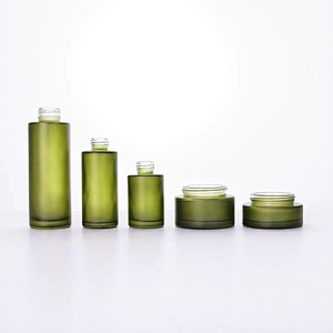 Bamboo Cap Olive Green Pump Dropper Glass Bottle Jars Set