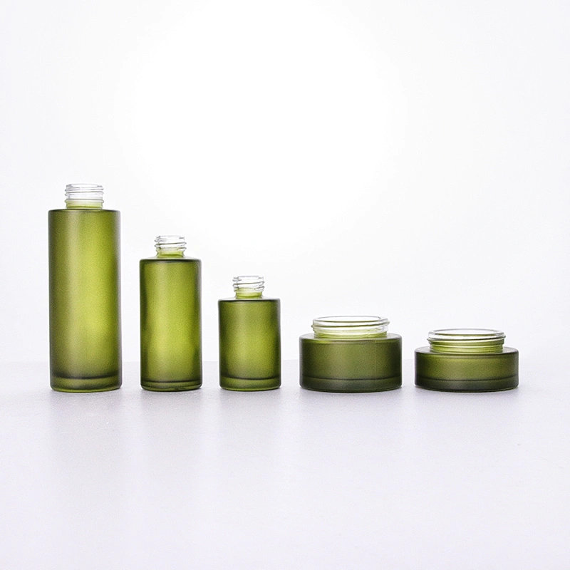 Bamboo Cap Olive Green Pump Dropper Glass Bottle Jars Set