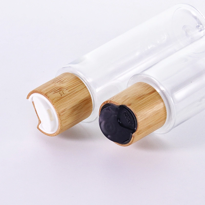 Wholesale clear empty plastic lotion spray bottle with natural bamboo lid