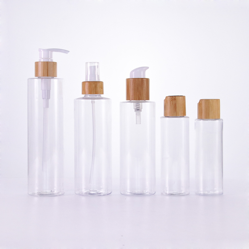 Wholesale clear empty plastic lotion spray bottle with natural bamboo lid