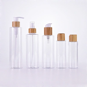 Wholesale clear empty plastic lotion spray bottle with natural bamboo lid