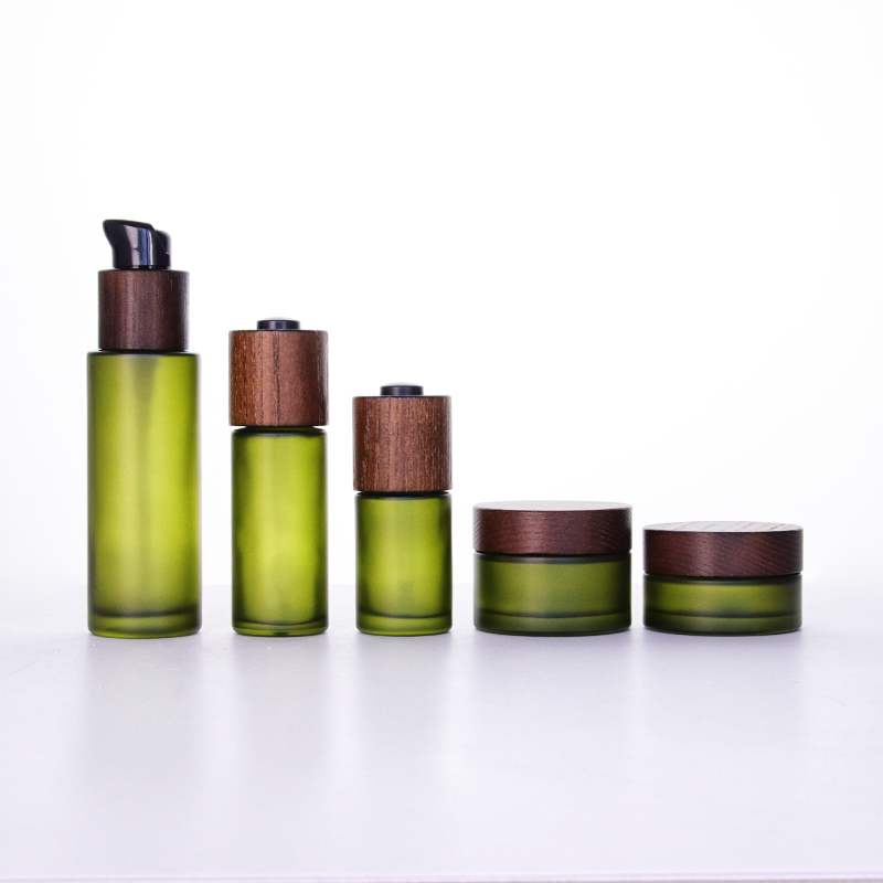 Bamboo Cap Olive Green Pump Dropper Glass Bottle Jars Set