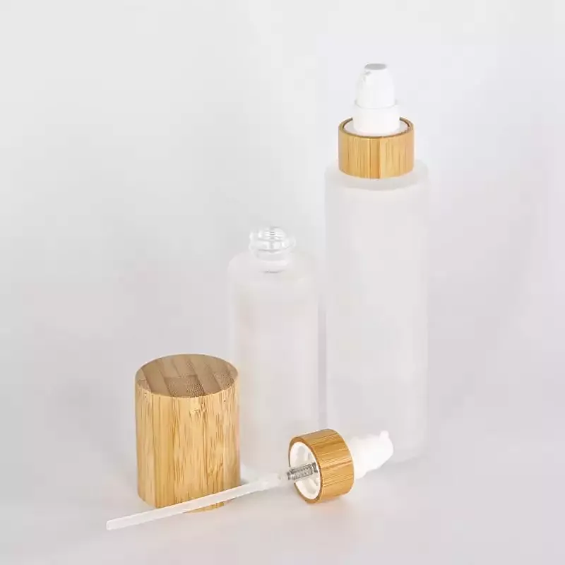 Hot Cosmetic bamboo Packaging 30ml 50ml 100ml 120ml 150ml Frosted Glass Bottle with Bamboo spray pump