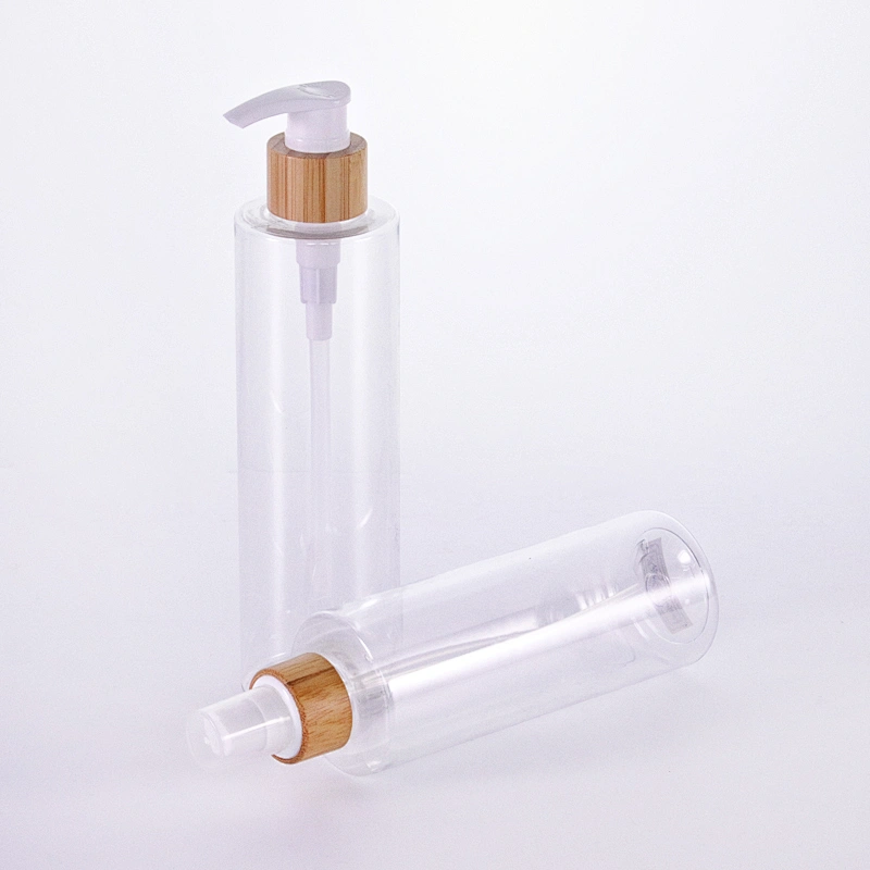 Wholesale clear empty plastic lotion spray bottle with natural bamboo lid