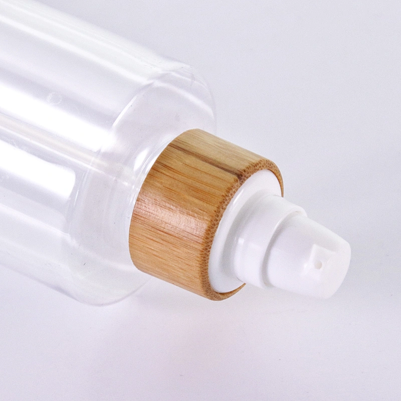 Wholesale clear empty plastic lotion spray bottle with natural bamboo lid