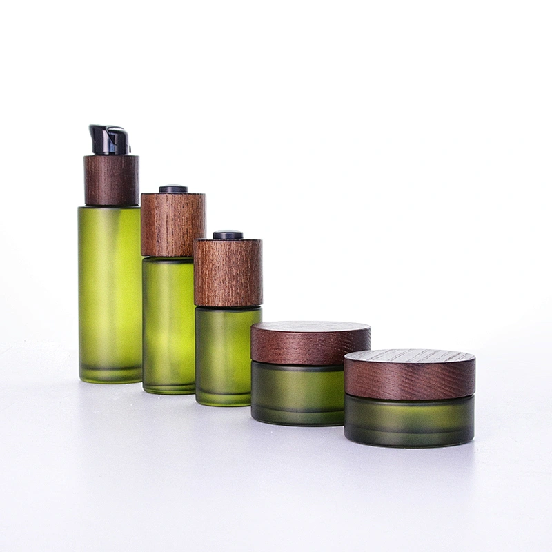 Bamboo Cap Olive Green Pump Dropper Glass Bottle Jars Set