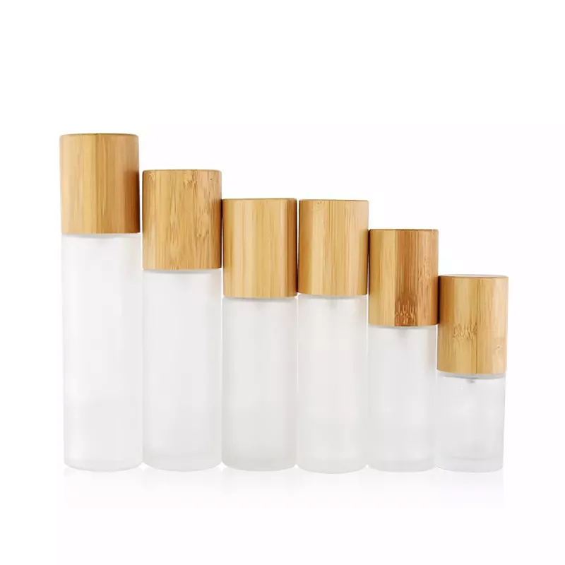 Hot Cosmetic bamboo Packaging 30ml 50ml 100ml 120ml 150ml Frosted Glass Bottle with Bamboo spray pump