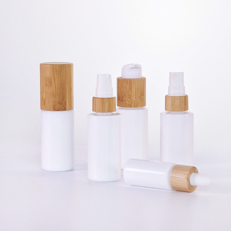 Round glass cosmetic opal glass bottles with wooden lid