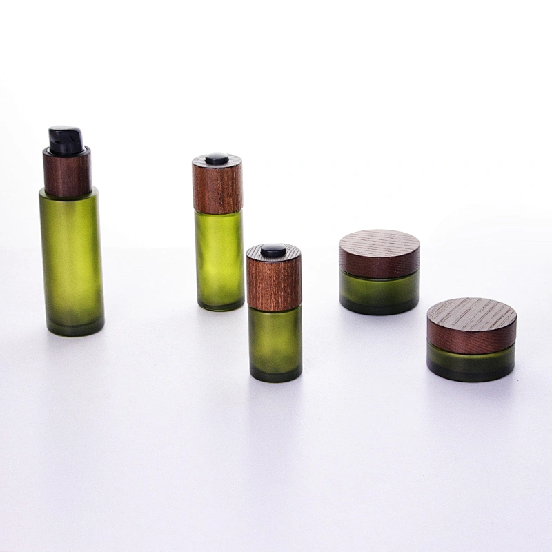 Bamboo Cap Olive Green Pump Dropper Glass Bottle Jars Set