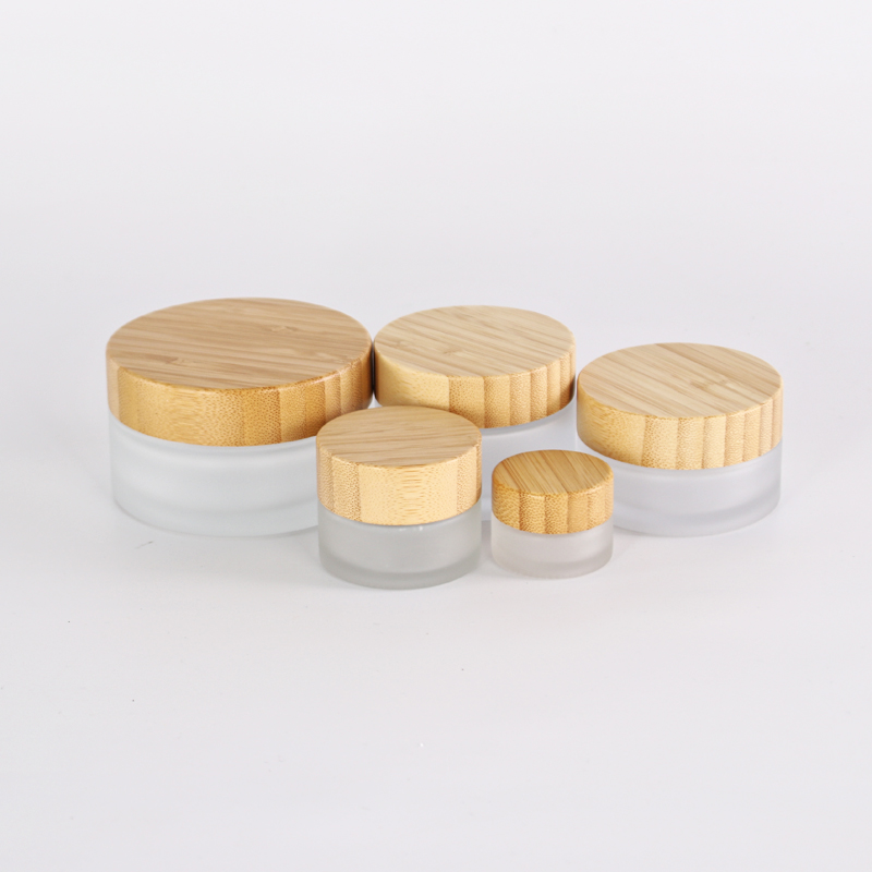 Cosmetic Face Cream Frosted Jars Set with bamboo Lid