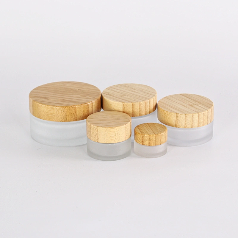 Cosmetic Face Cream Frosted Jars Set with bamboo Lid