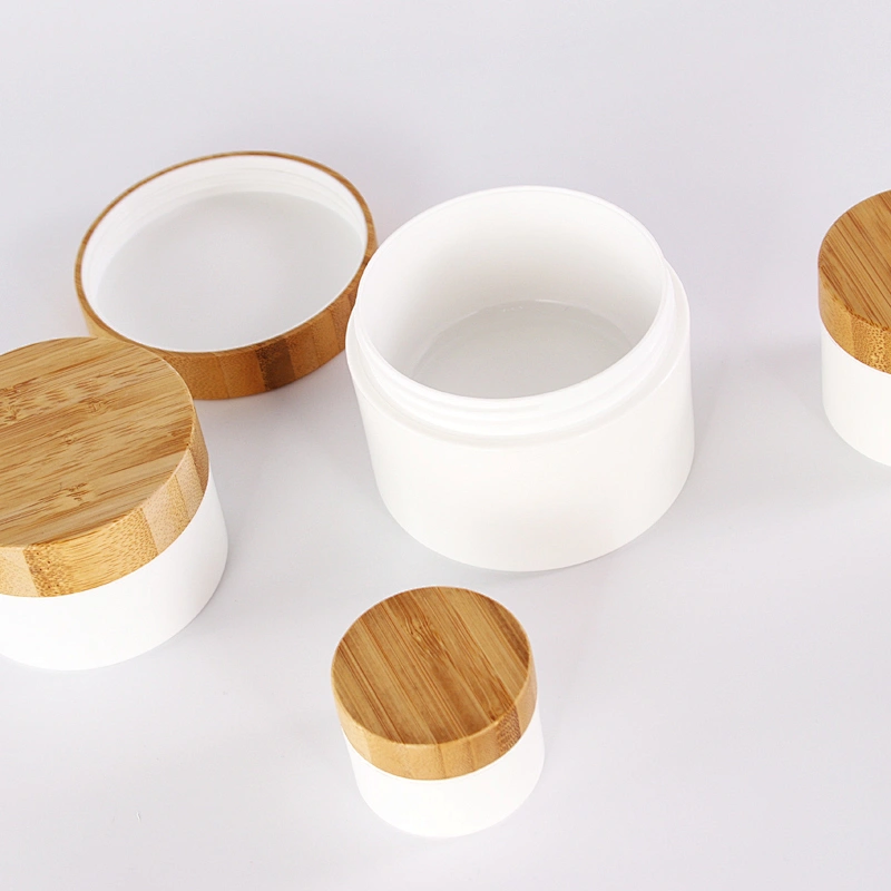 Cosmetic Facial Cream White Container Jar with bamboo Lid