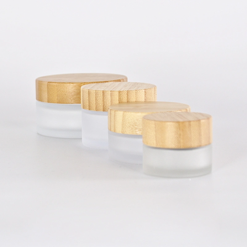 Cosmetic Face Cream Frosted Jars Set with bamboo Lid