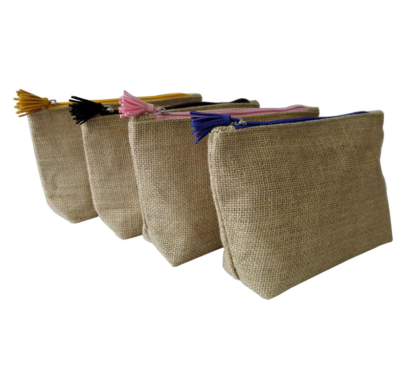 Custom jute cosmetic bag with tassel