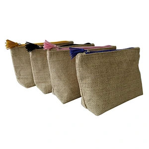 Custom jute cosmetic bag with tassel
