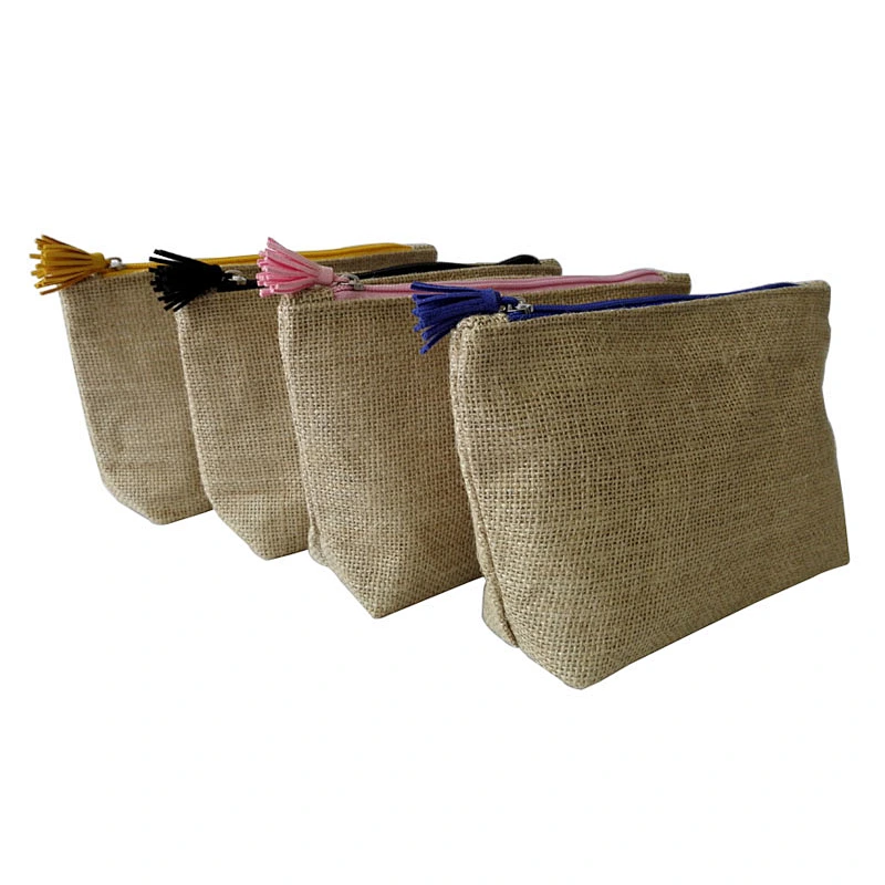 Custom jute cosmetic bag with tassel