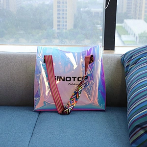 Custom Print Female Holographic Transparent PVC Handbags Women Beach Bag Bolso Hologram Laser Clear Tote Shopping Bag With Logo