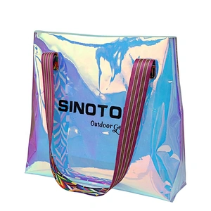 Custom Print Female Holographic Transparent PVC Handbags Women Beach Bag Bolso Hologram Laser Clear Tote Shopping Bag With Logo