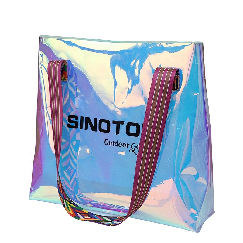 Custom Print Female Holographic Transparent PVC Handbags Women Beach Bag Bolso Hologram Laser Clear Tote Shopping Bag With Logo
