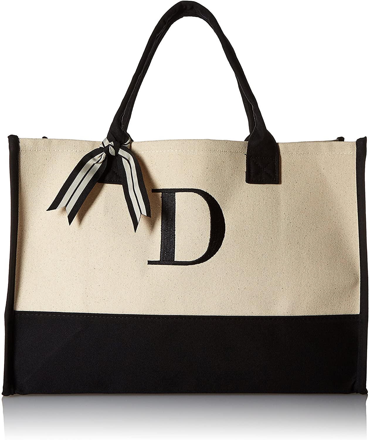 Custom Personalized Women two tone Classic Black and White Initial Canvas Tote hessian beach bag