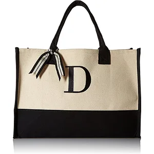 Custom Personalized Women two tone Classic Black and White Initial Canvas Tote hessian beach bag