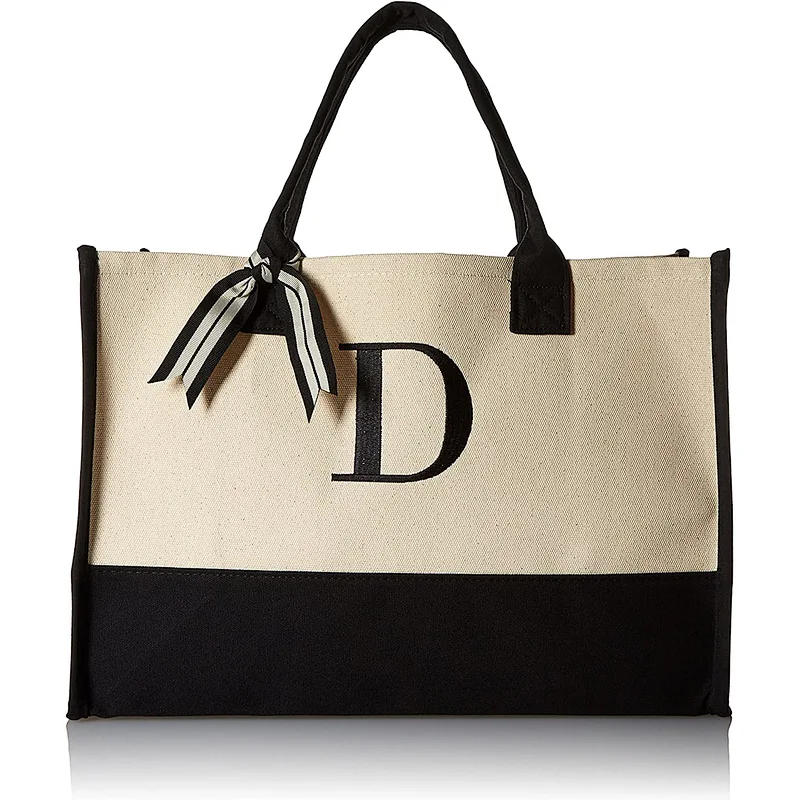 Custom Personalized Women two tone Classic Black and White Initial Canvas Tote hessian beach bag