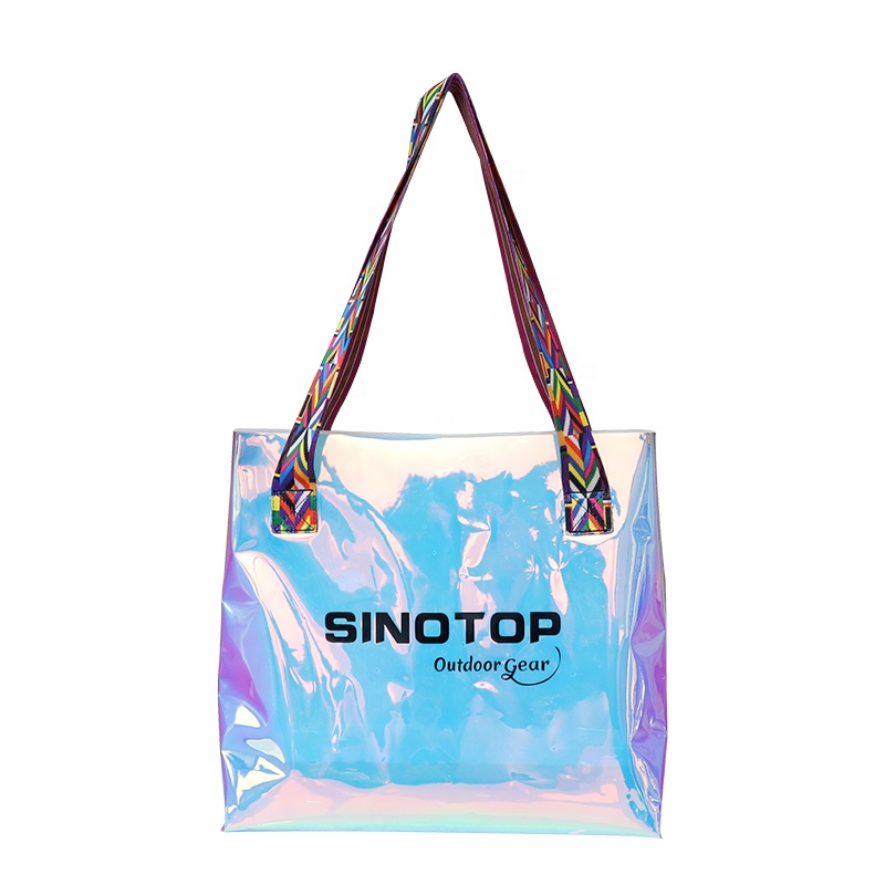 Custom Print Female Holographic Transparent PVC Handbags Women Beach Bag Bolso Hologram Laser Clear Tote Shopping Bag With Logo