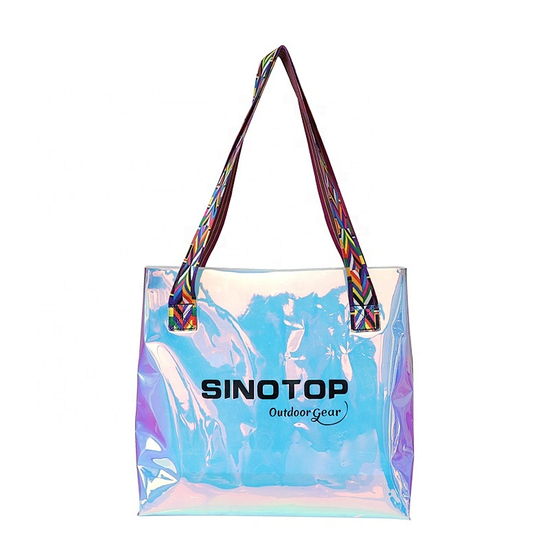 Custom Print Female Holographic Transparent PVC Handbags Women Beach Bag Bolso Hologram Laser Clear Tote Shopping Bag With Logo