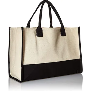 Custom Personalized Women two tone Classic Black and White Initial Canvas Tote hessian beach bag