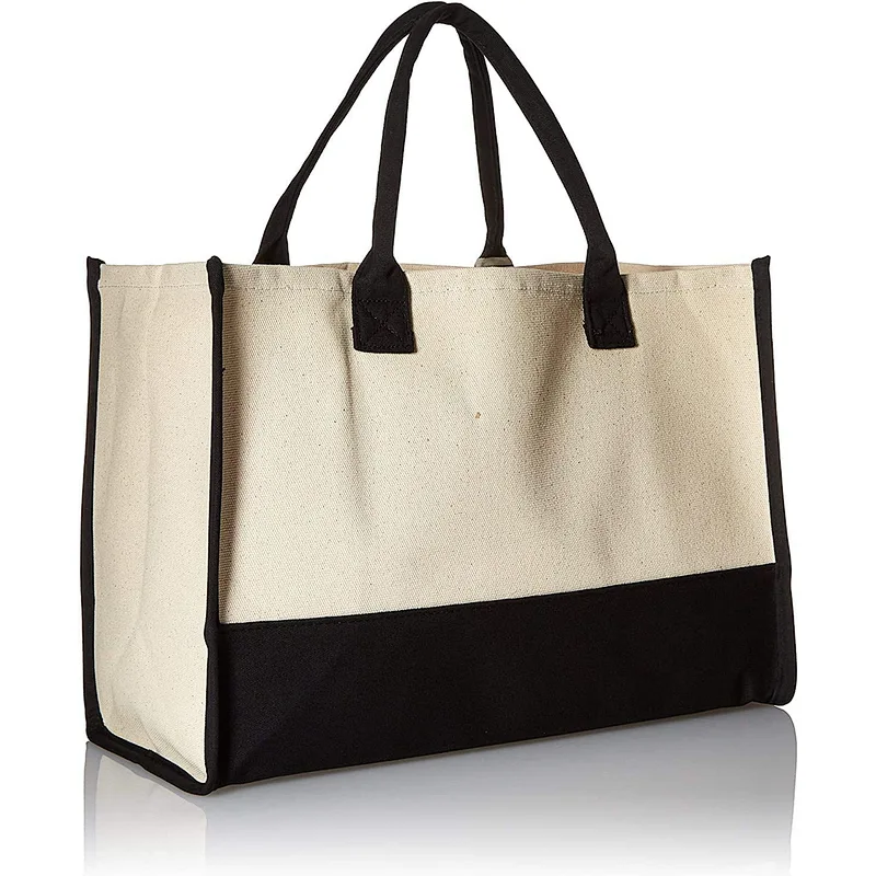 Custom Personalized Women two tone Classic Black and White Initial Canvas Tote hessian beach bag