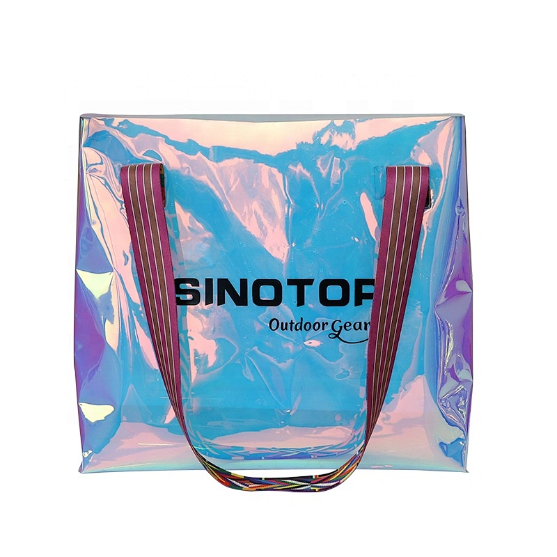 Custom Print Female Holographic Transparent PVC Handbags Women Beach Bag Bolso Hologram Laser Clear Tote Shopping Bag With Logo