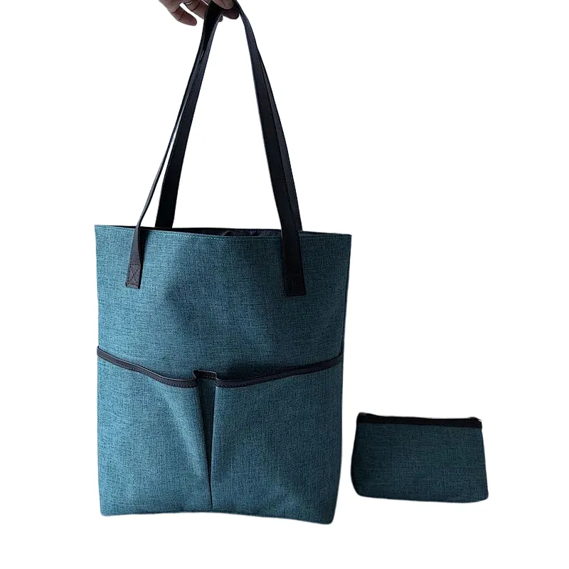 Leather handle Blue polyester waterproof beach bag logo with small zipper pouch for promotion
