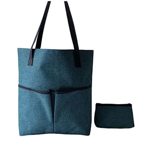 Leather handle Blue polyester waterproof beach bag logo with small zipper pouch for promotion